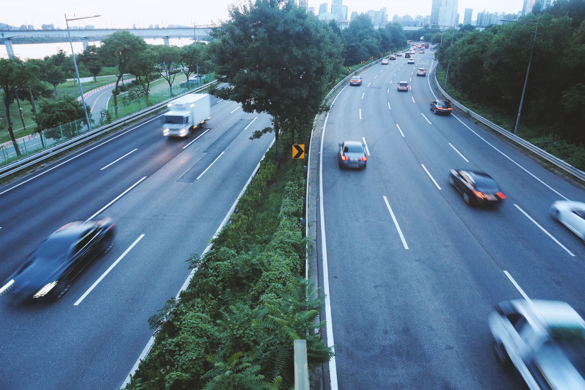 Traffic on a multi-lane dual carriageway seen from above